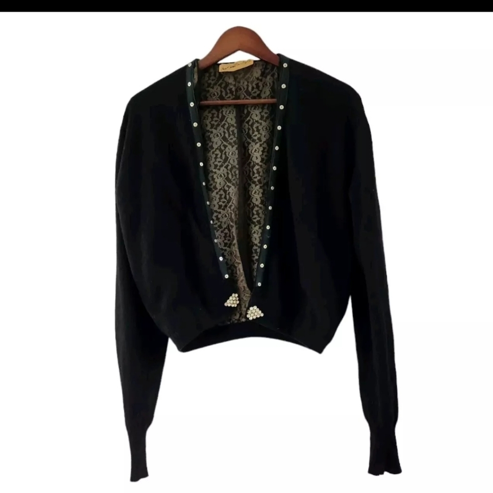 Vintage Jay Gee Novelty Co. Wool Black Cardigan Sweater Women Size Small